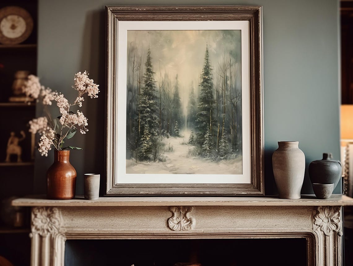 Serene Misty Winter Pine Forest With Snowy Path Painting Poster - Image 3