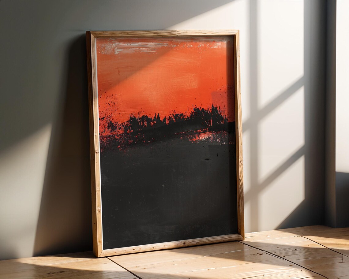 Abstract Orange Black Sky Horizon Brushstroke Modern Art Poster - Image 2