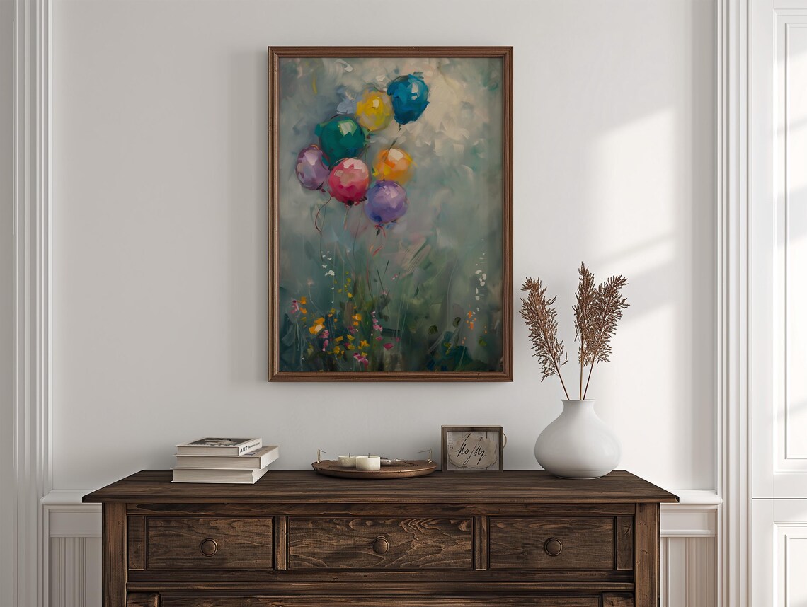 Colorful Balloons Wildflower Meadow Oil Painting Nursery Poster - Image 3
