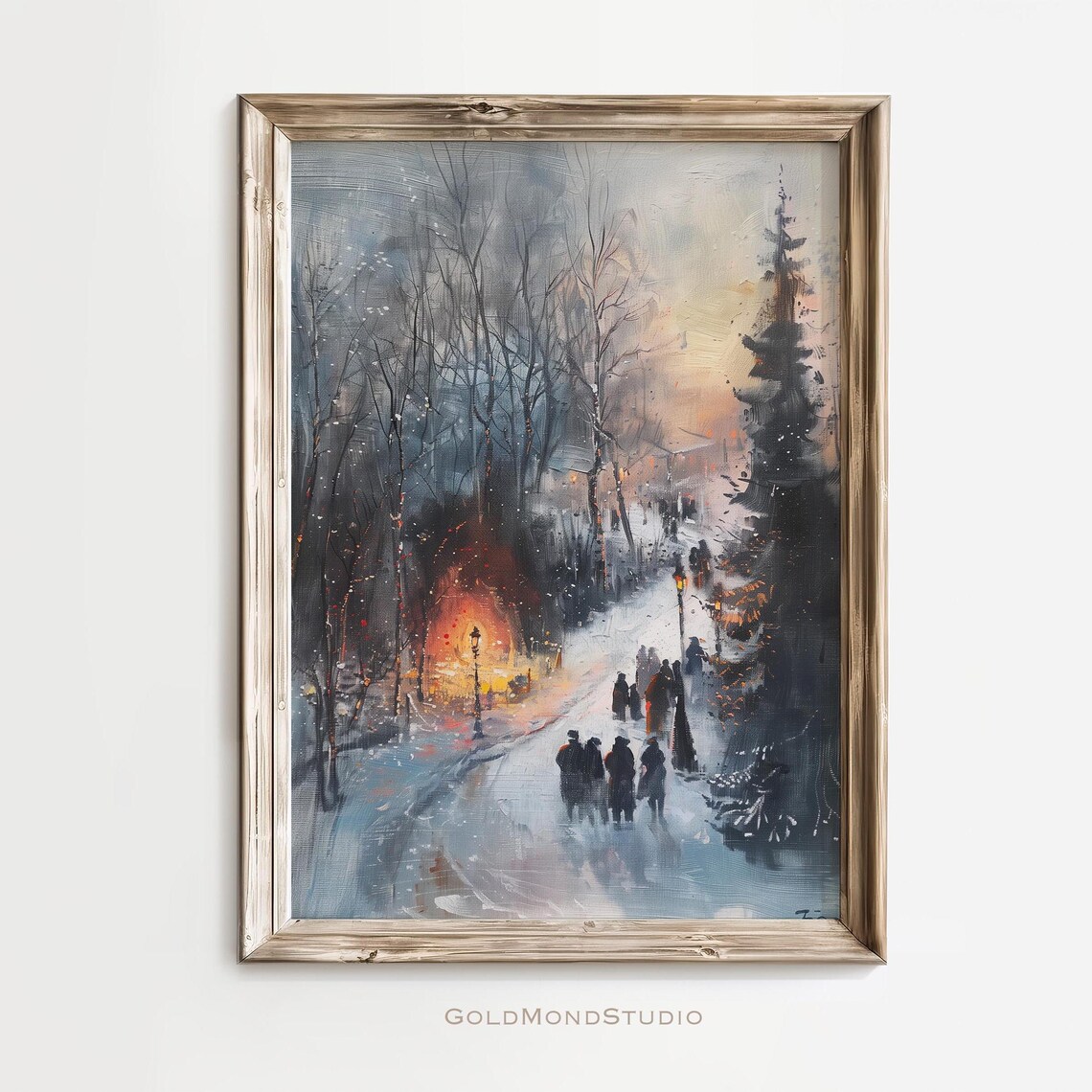 Snowy Winter Village Street At Dusk Oil Painting Style Poster