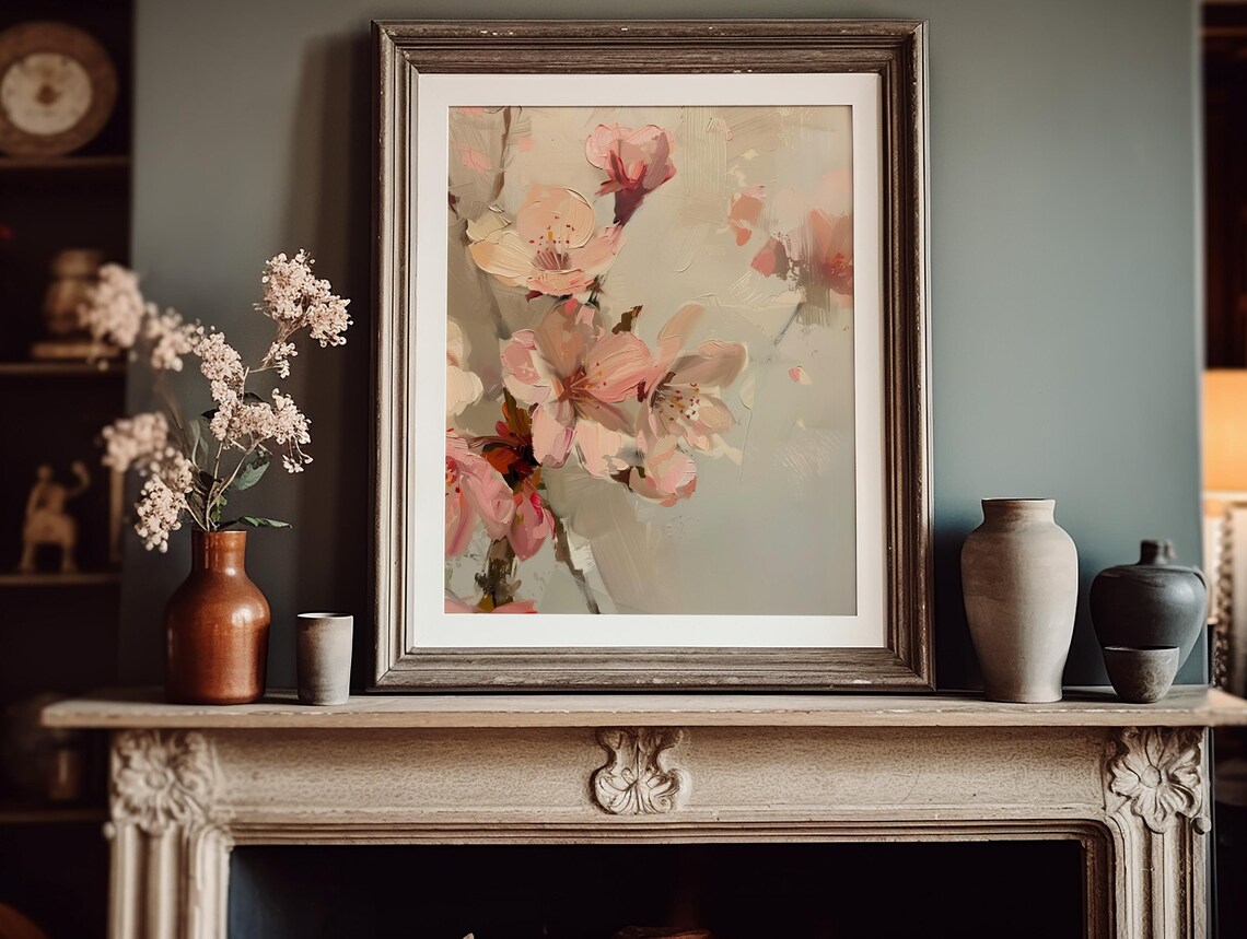 Pink Cherry Blossom Close-Up Vintage Style Oil Painting Poster - Image 2