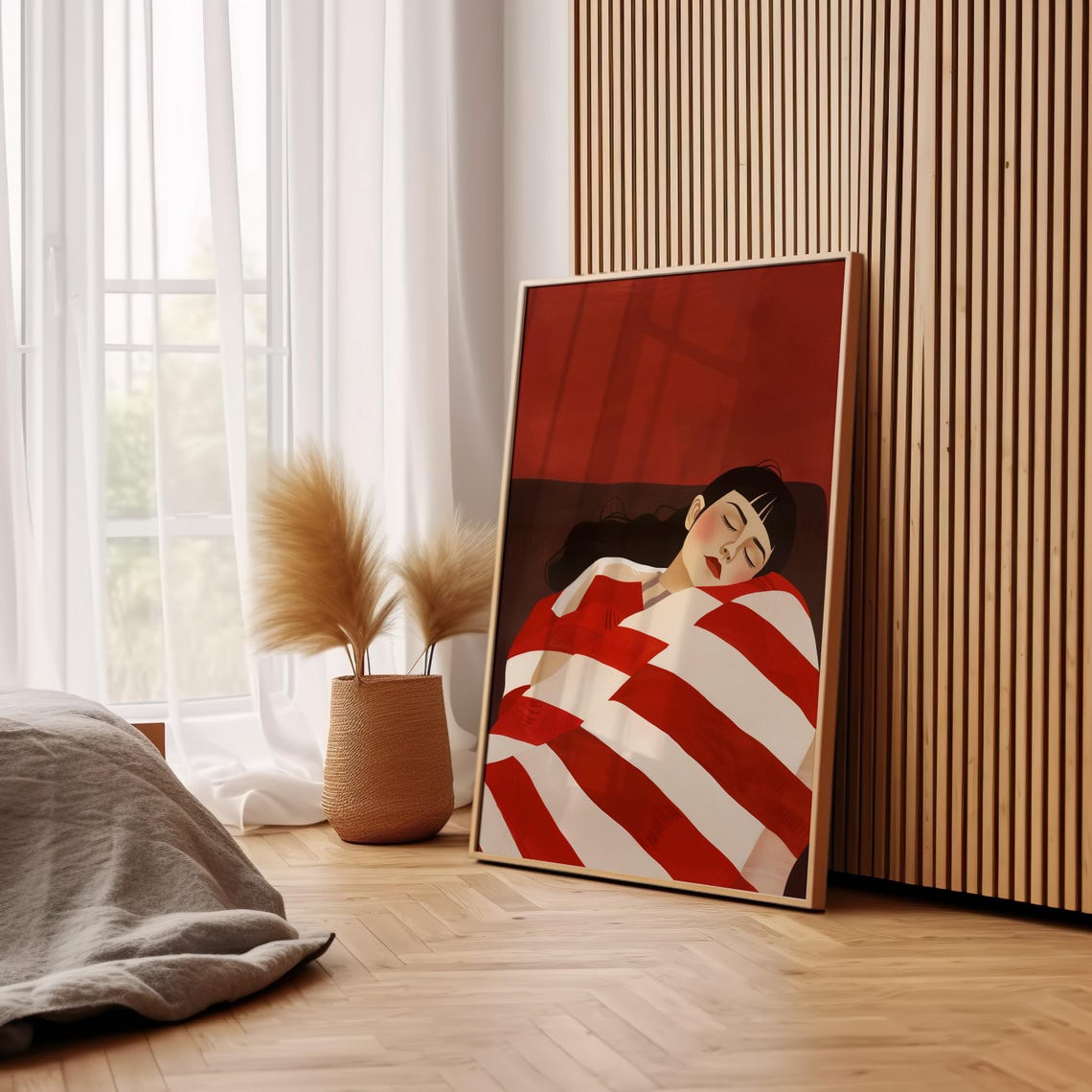 Sleeping Woman Wrapped In Bold Red Striped Blanket Art Poster - Image 2