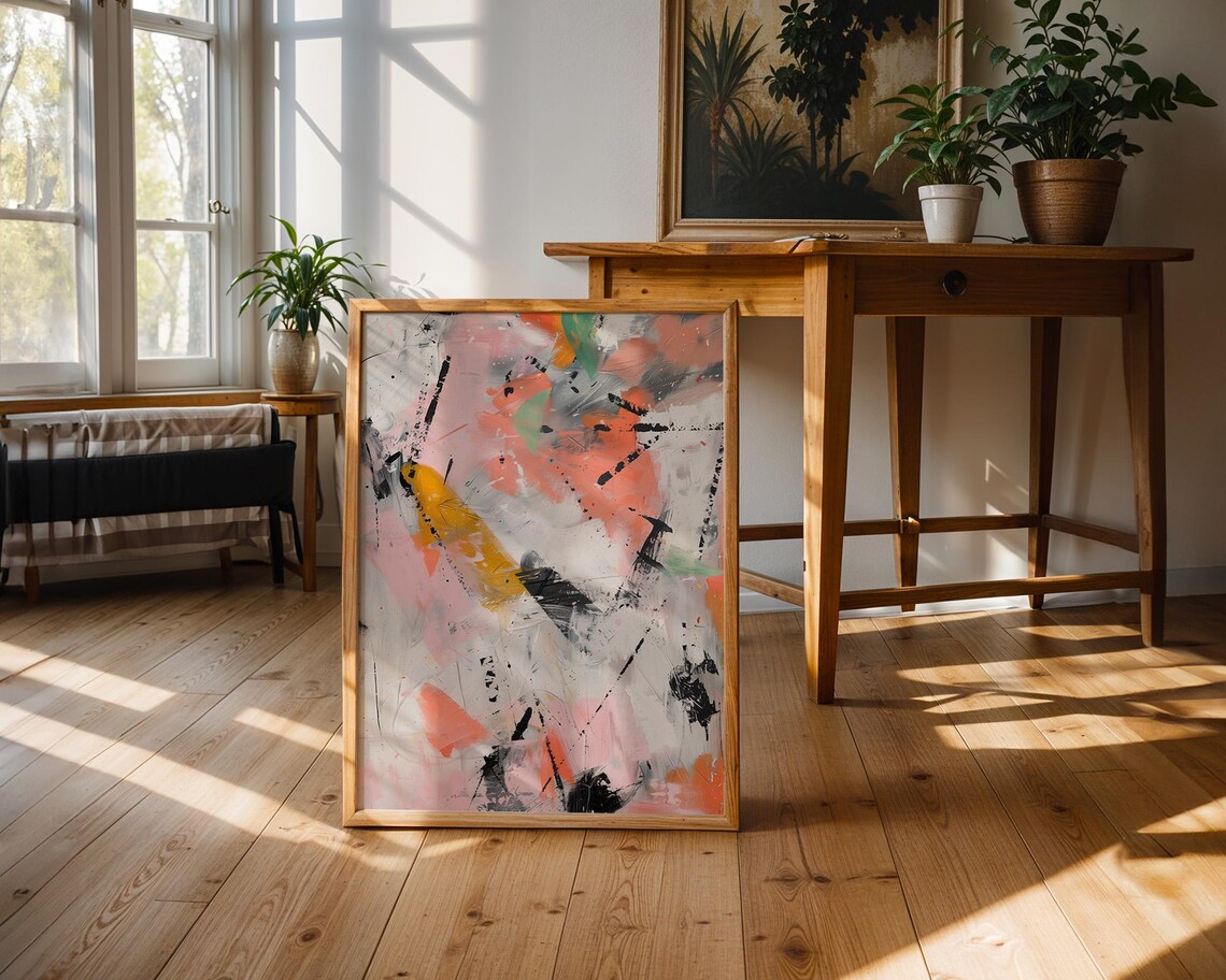 Coral Pink Orange Black Bold Abstract Acrylic Painting Poster - Image 2