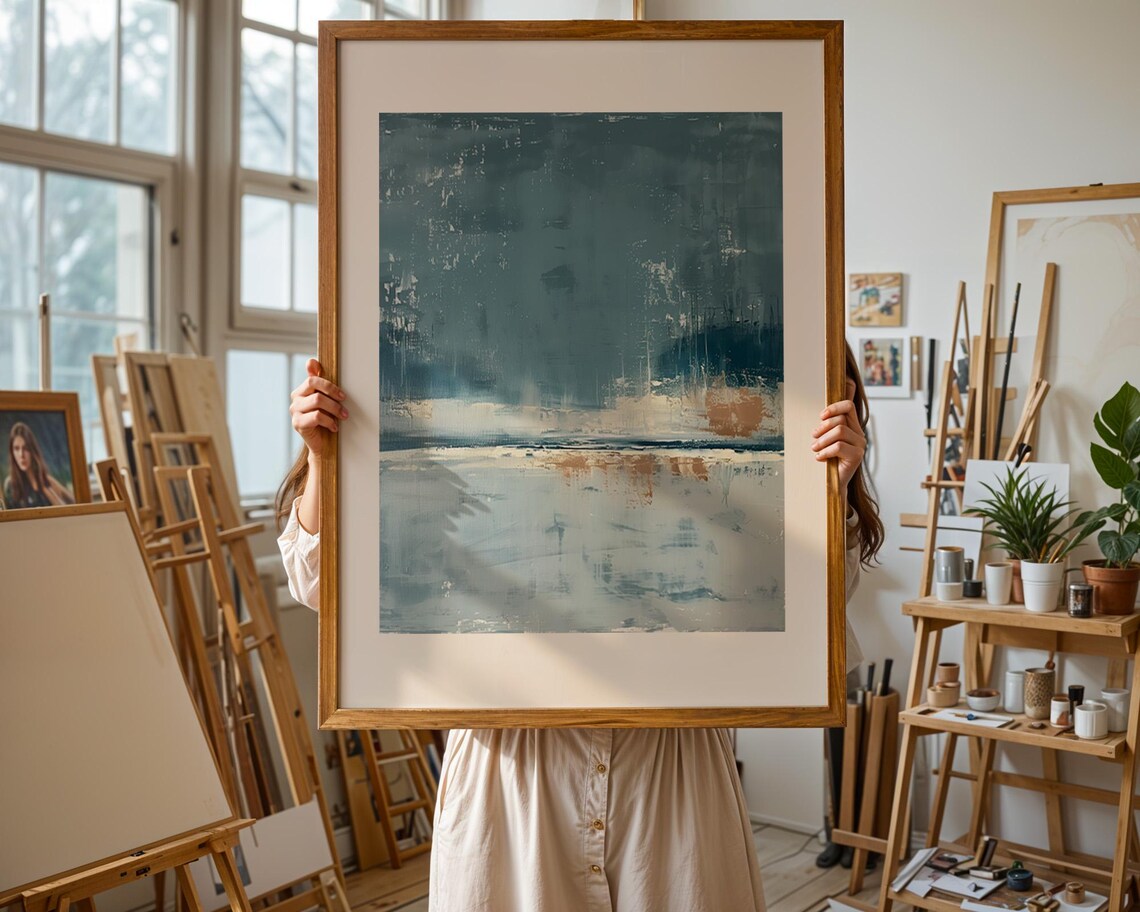 Moody Textured Teal Blue Abstract Ocean Horizon Painting Poster - Image 3
