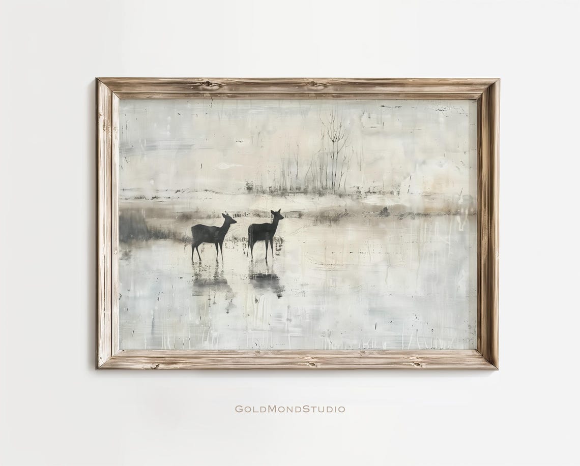 Two Deer Silhouettes Crossing A Snowy Winter Field Painting Poster