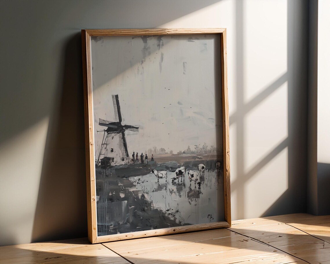 Dutch Windmill With Cows Oil Painting Style Grey Landscape Poster - Image 2