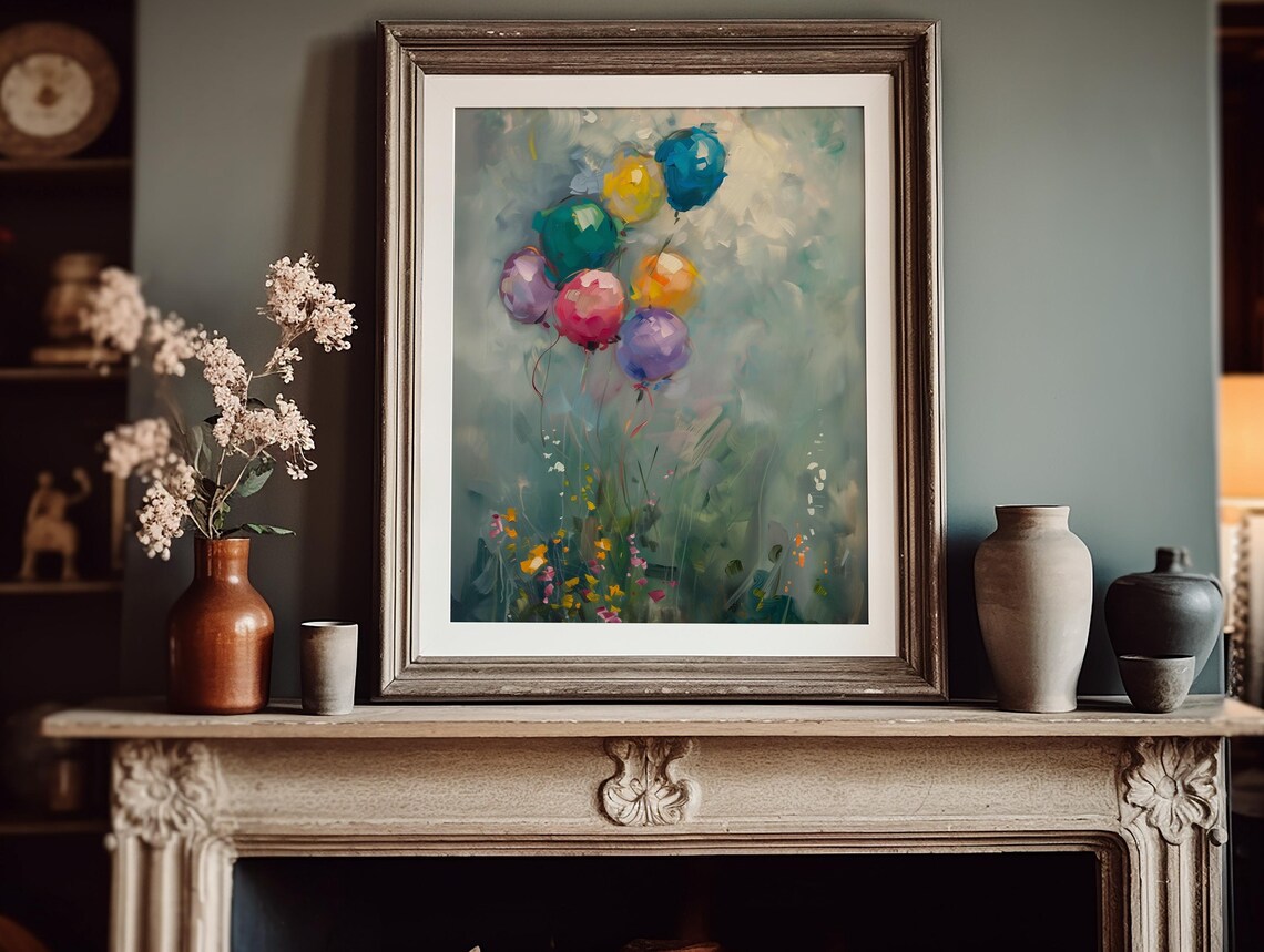 Colorful Balloons Wildflower Meadow Oil Painting Nursery Poster - Image 2