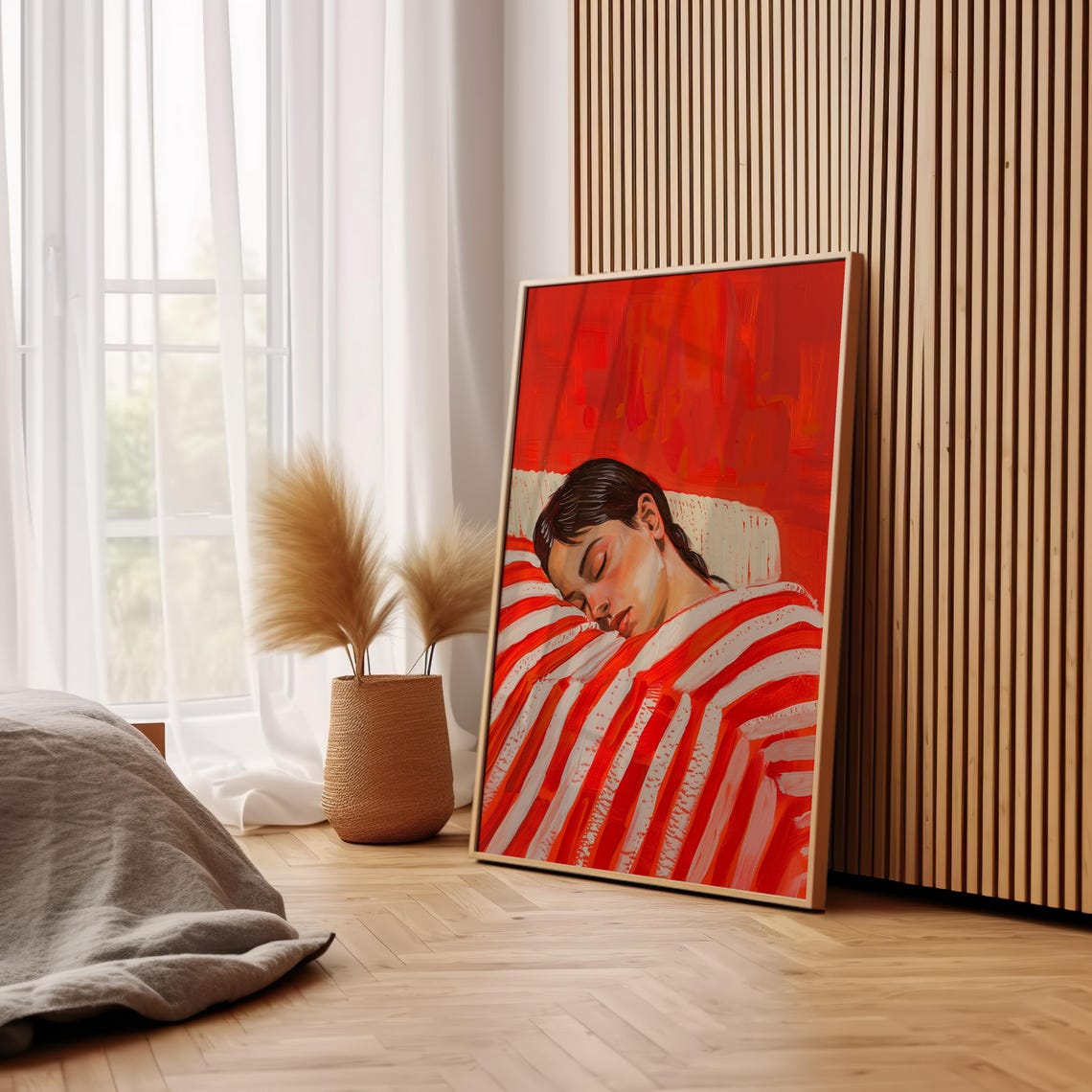 Sleeping Woman Under a Bold Red and White Striped Blanket Poster - Image 3