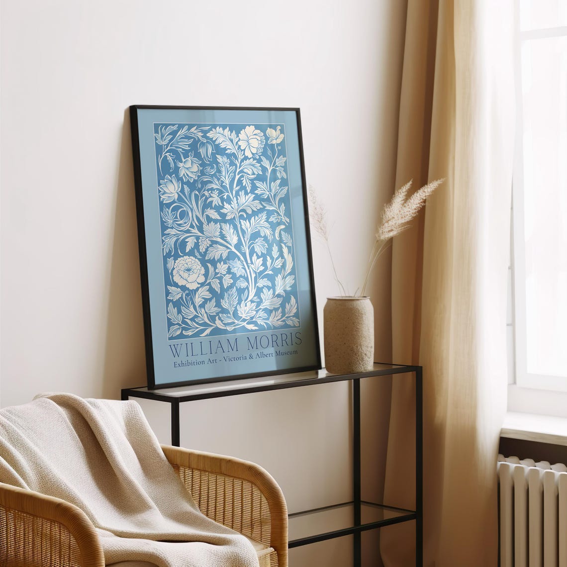 William Morris Dusty Blue White Floral V&A Exhibition Art Poster - Image 2