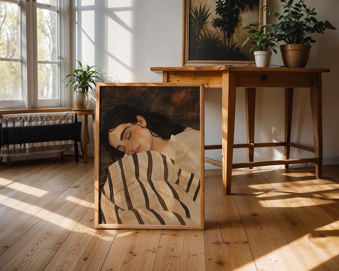 Sleeping Woman Under Beige Striped Blanket Vintage Art Poster - Image 2