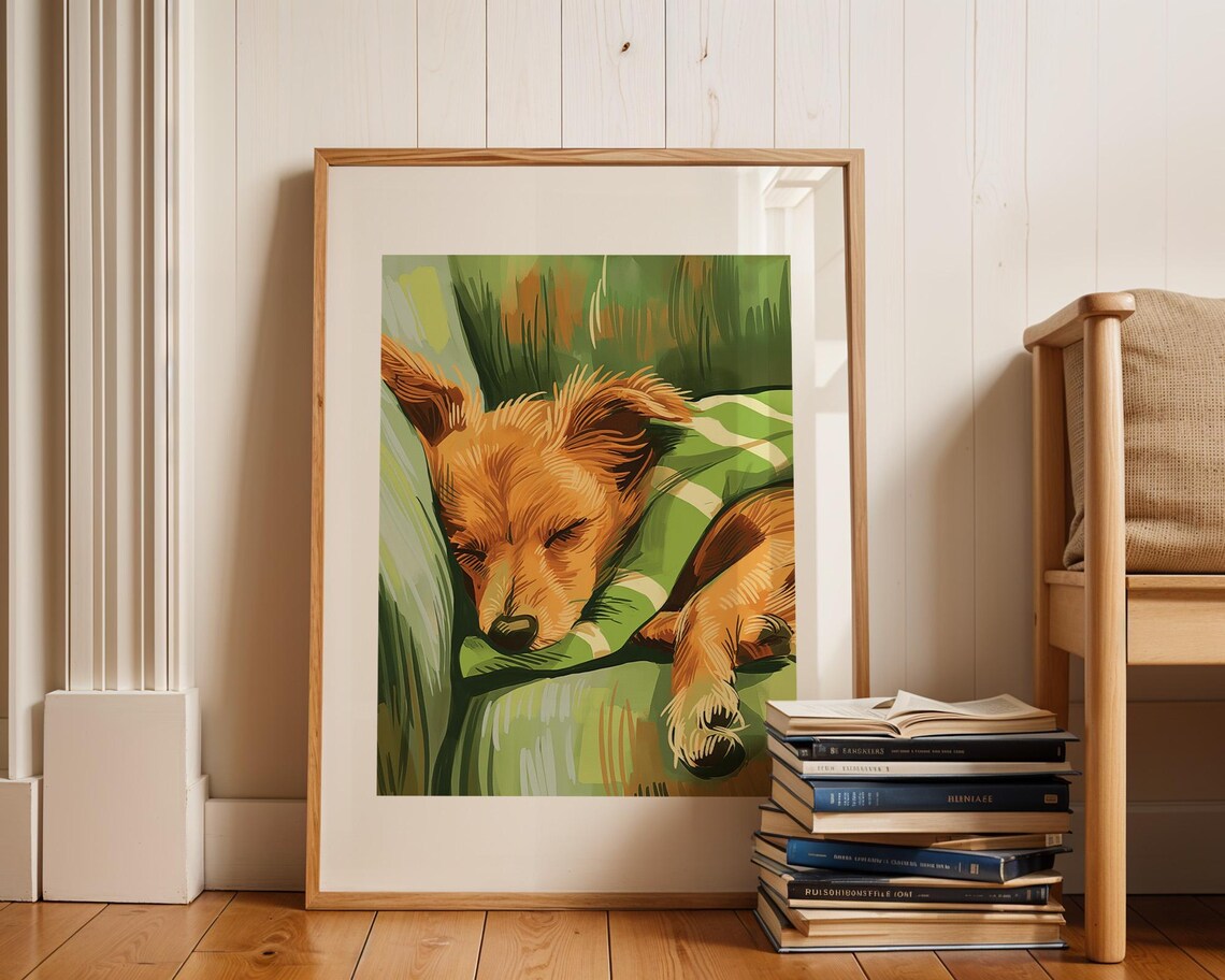Sleeping Golden Brown Dog On Striped Pillow Vintage Art Poster - Image 2