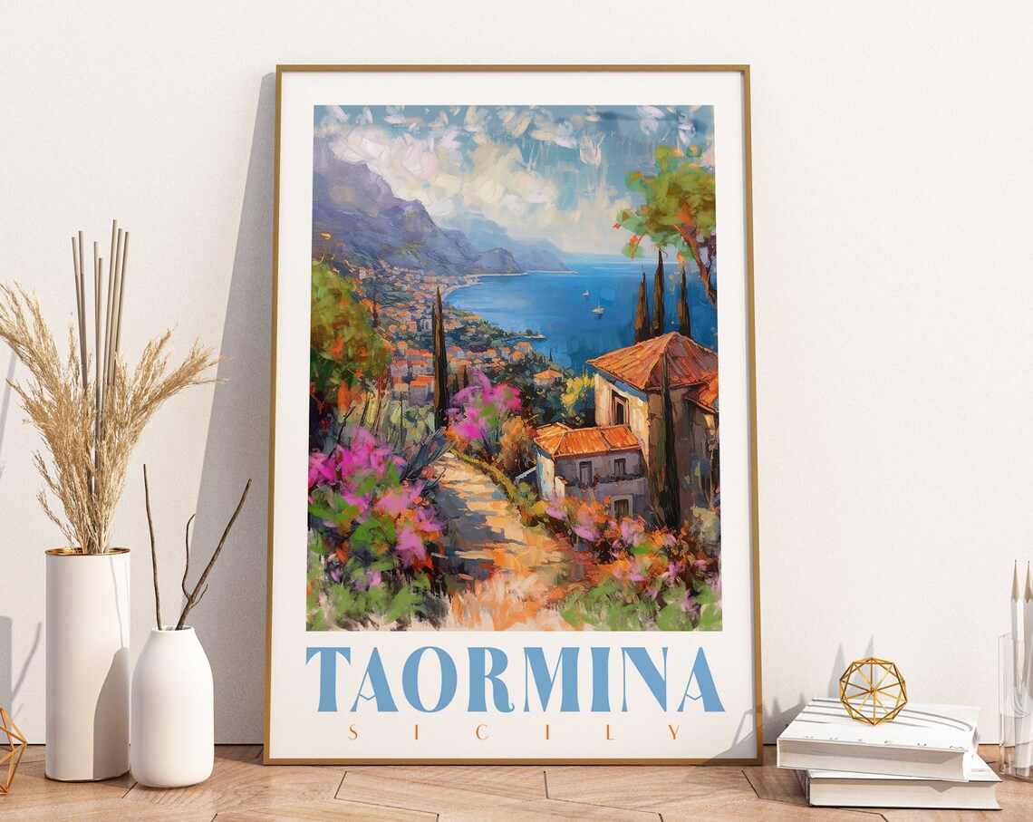 Taormina Sicily Painterly Coastal Village Italy Travel Poster