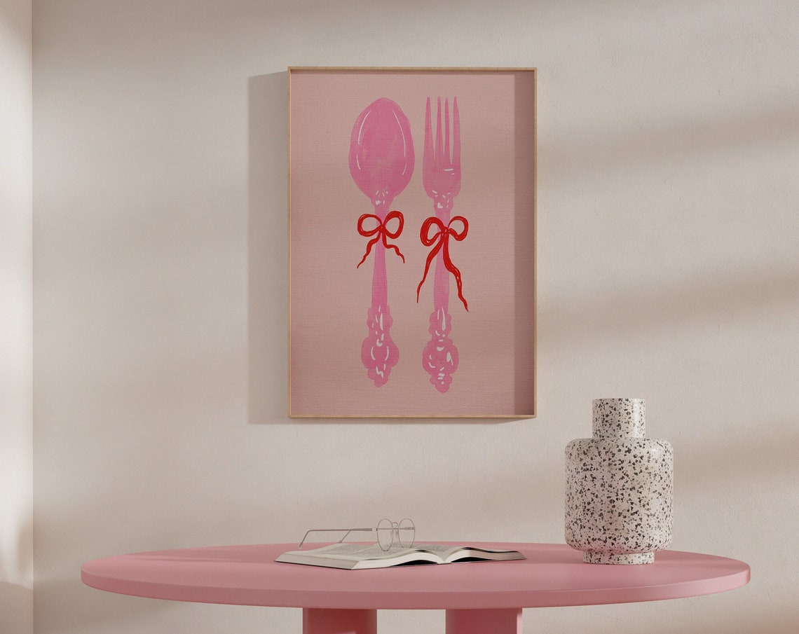 Pink Coquette Spoon and Fork Bow Hand Drawn Kitchen Wall Print