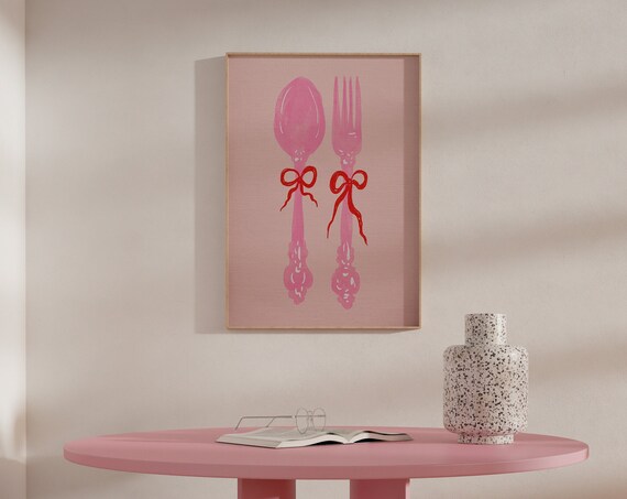 Pink Coquette Spoon and Fork Bow Hand Drawn Kitchen Wall Print