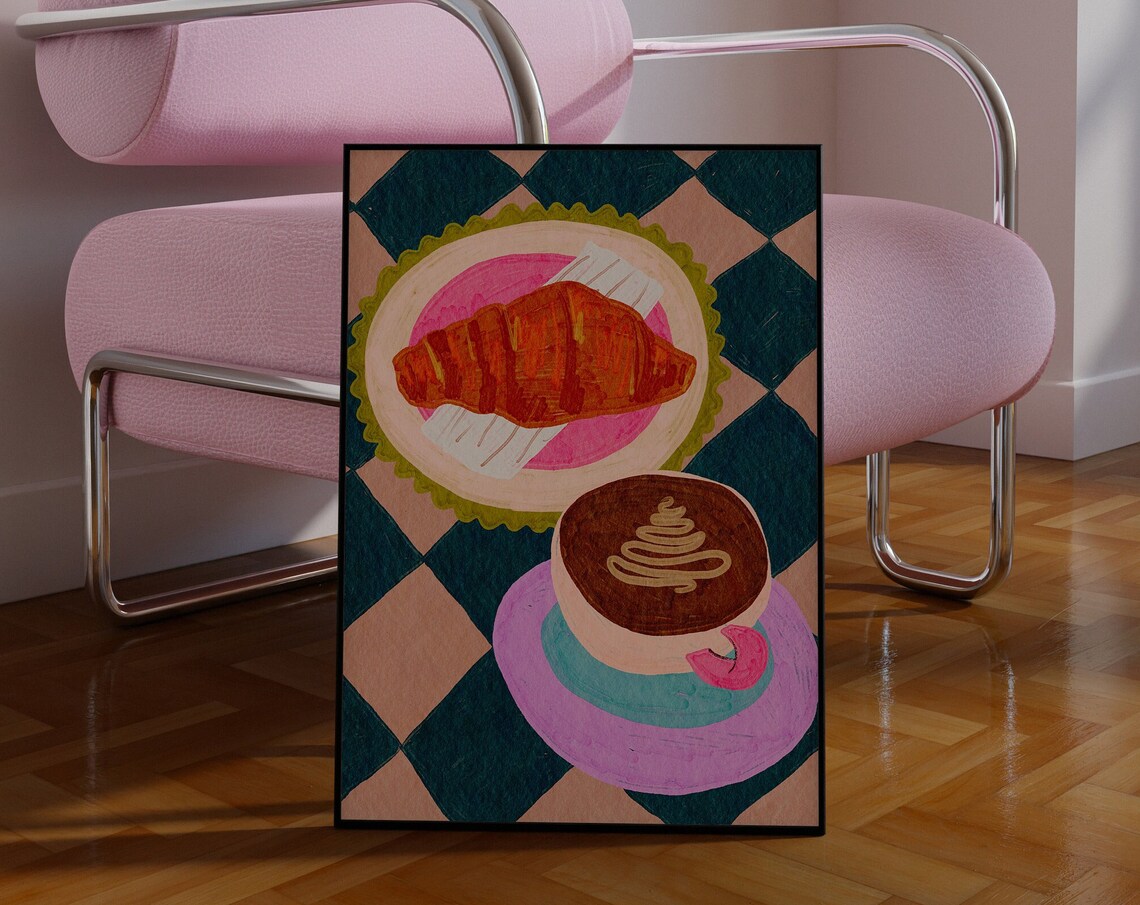 Italian Breakfast Croissant Coffee Colorful Kitchen Morning Poster