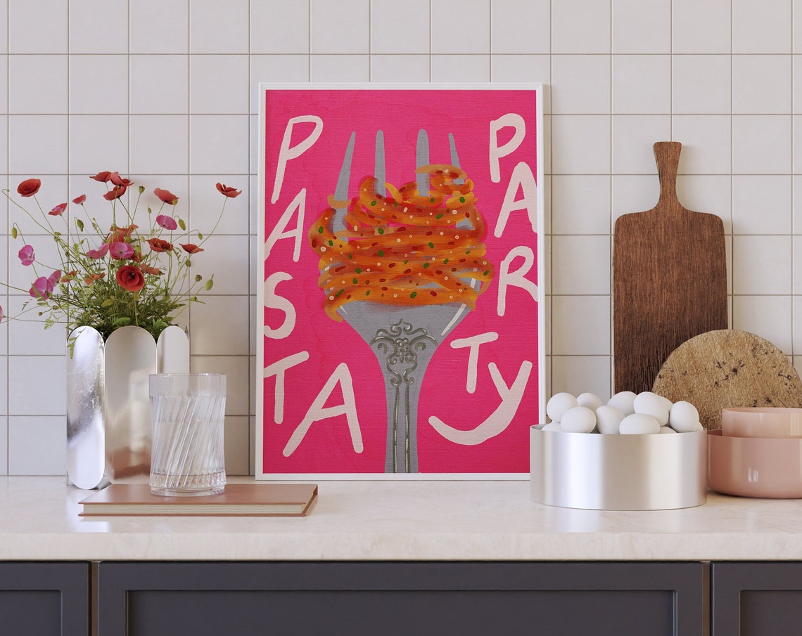 Pasta Party Pink Spaghetti Fork Fun Kitchen Quote Art Poster
