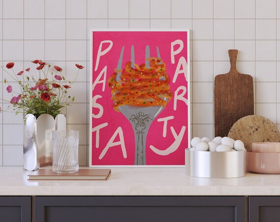 Pasta Party Pink Spaghetti Fork Fun Kitchen Quote Art Poster