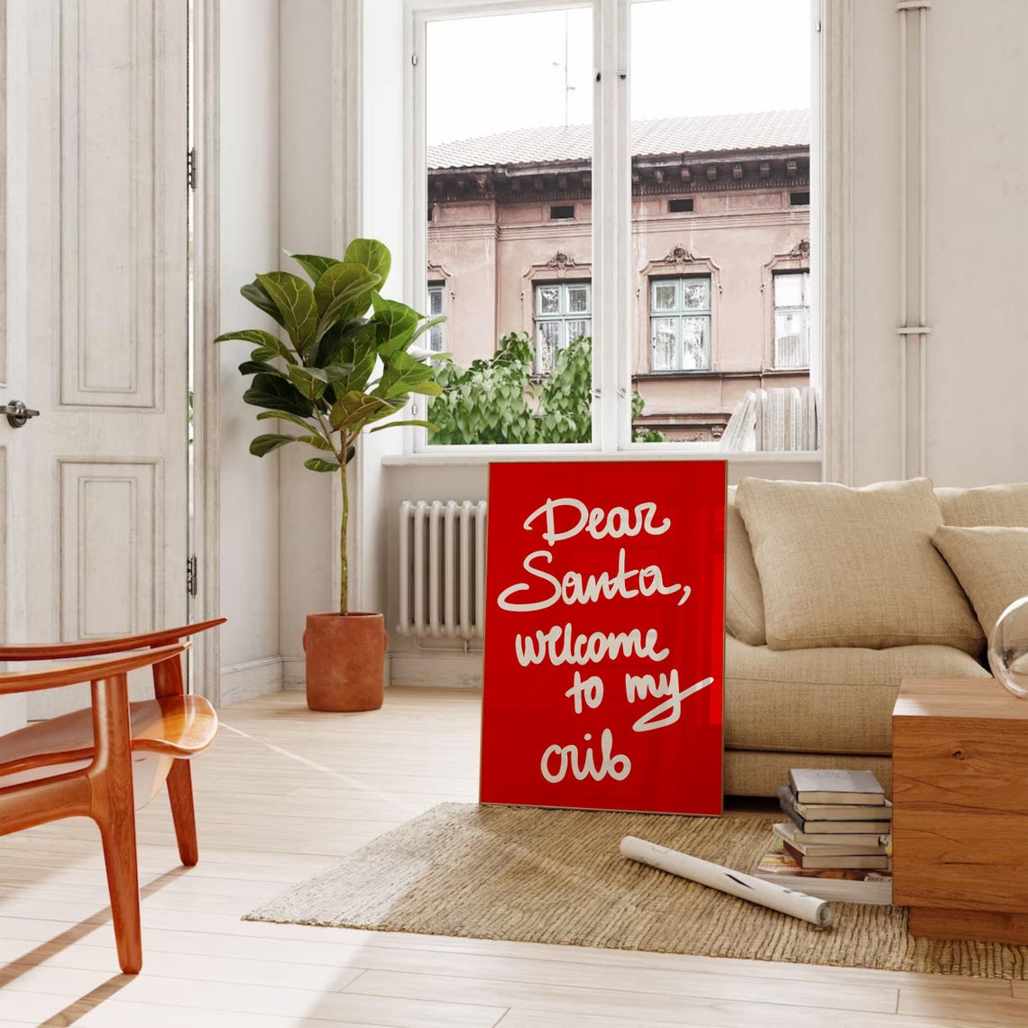 Dear Santa Welcome To My Crib Bold Red Cheeky Script Quote Poster - Image 3
