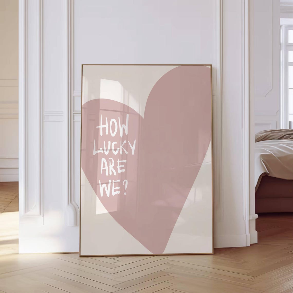 How Lucky Are We Big Dusty Pink Heart Minimalist Quote Poster - Image 3