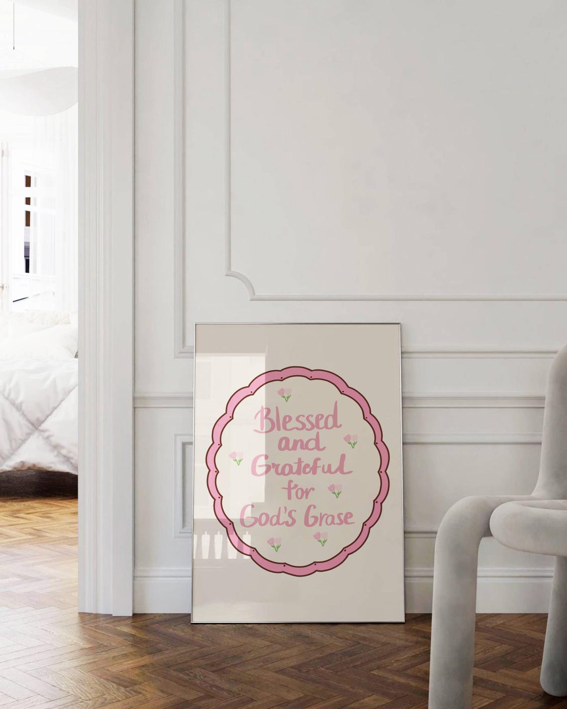 Blessed And Grateful Pink Floral Scalloped Christian Faith Poster - Image 3