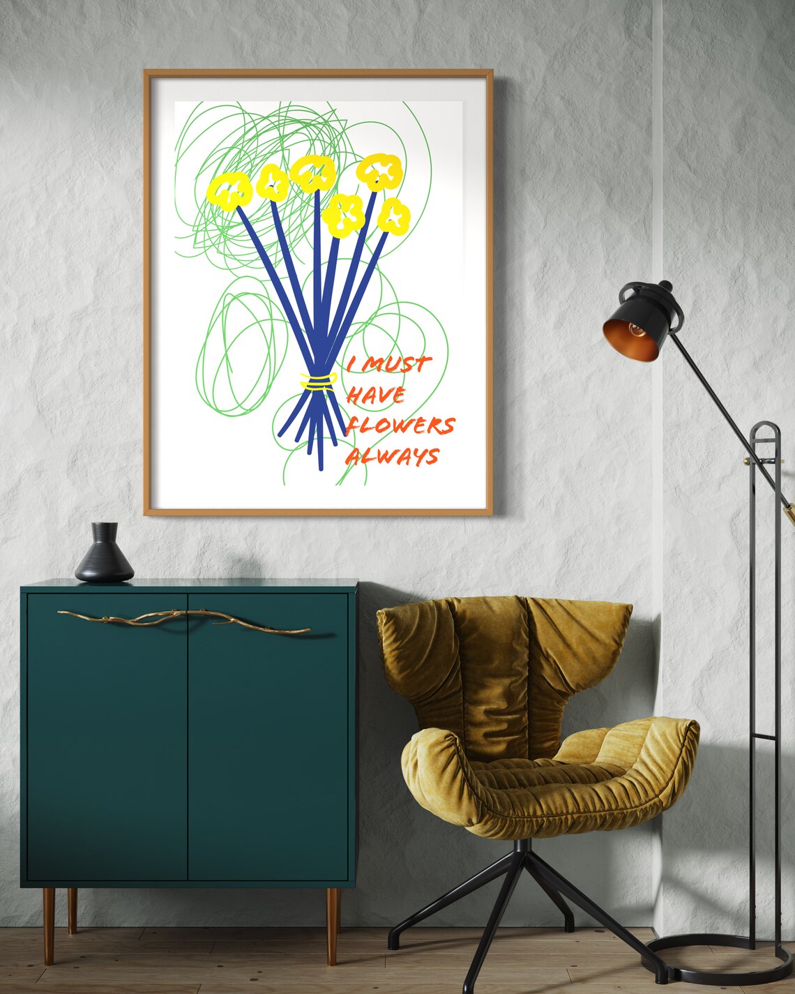 I Must Have Flowers Always Colorful Doodle Bouquet Quote Poster Gift - Image 2