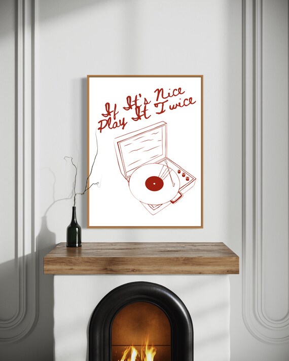 Play It Twice Vinyl Record Player Red Line Art Retro Music Poster