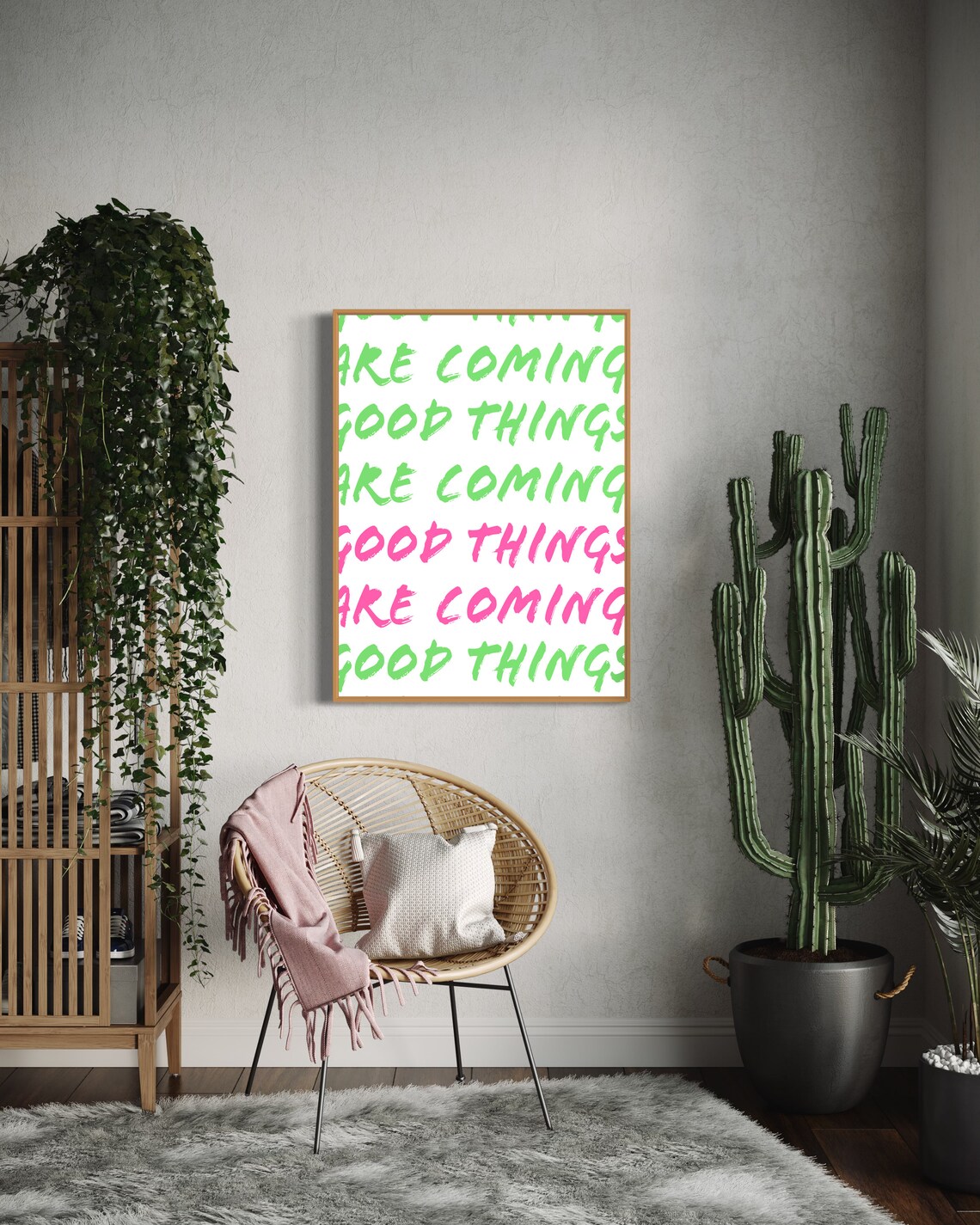 Good Things Are Coming Repeat Text Green Pink Brush Stroke Quote Poster - Image 2