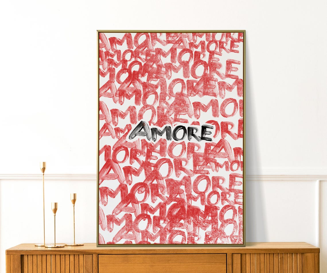 Amore Red Graffiti Typography Love Word Repeated Pattern Bold Wall Art - Image 2