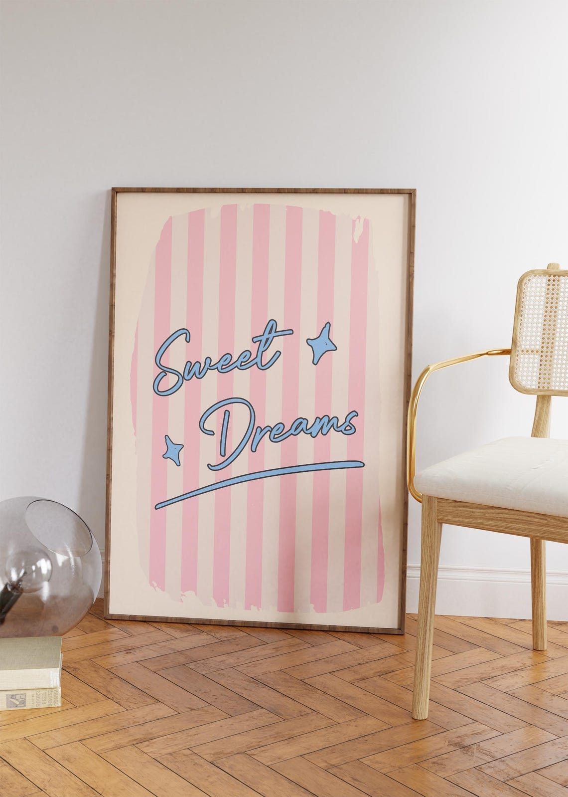 Sweet Dreams Blue Script Pink Striped Retro Bedroom Quote Decor Poster