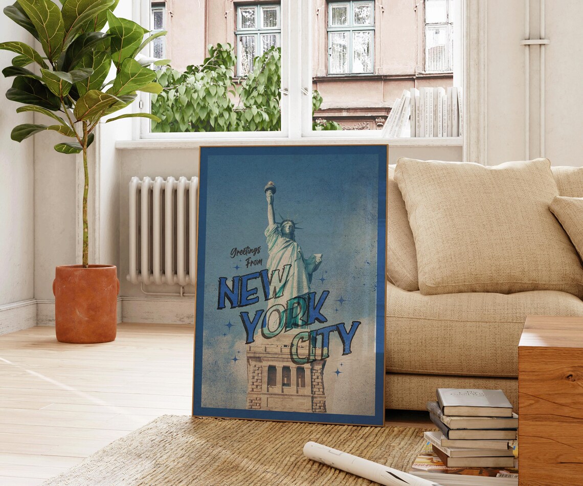 New York City Statue Of Liberty Blue Retro Travel Poster Vintage Style - Image 3