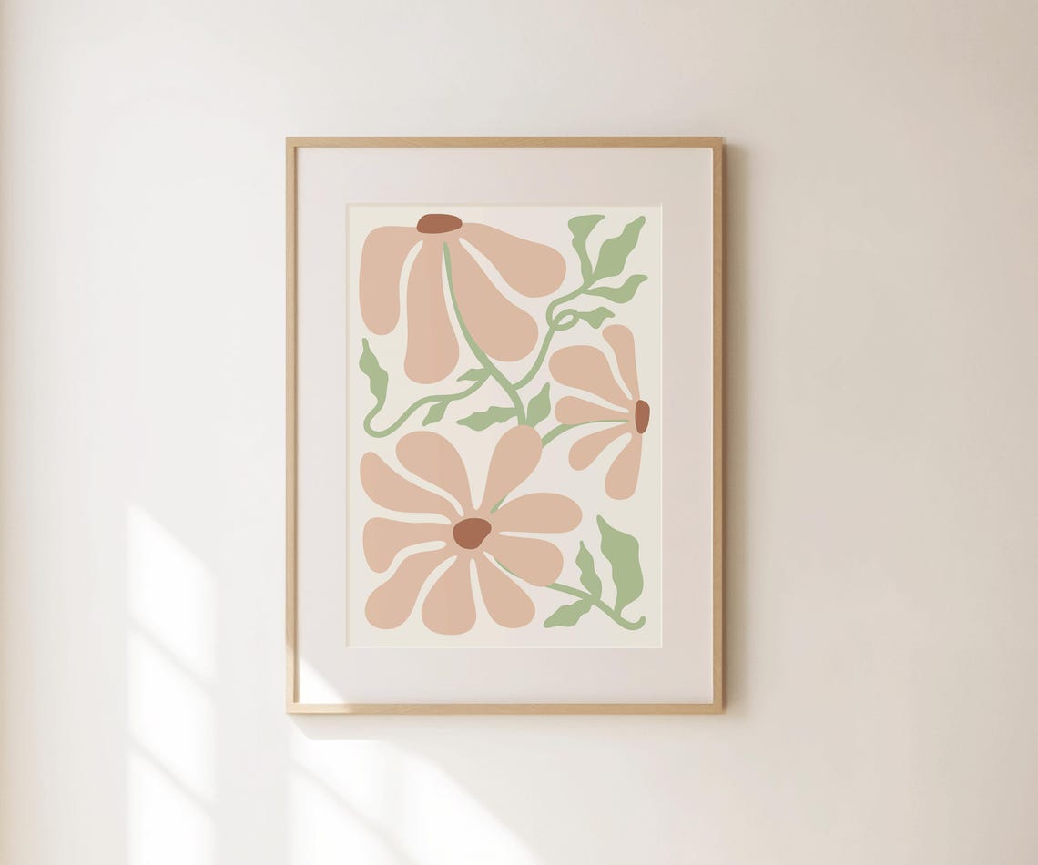 Peach Retro Flowers Cream Background Minimal Botanical Wall Art Print - Image 2