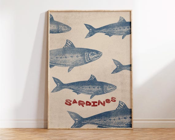 Sardines Print Blue Kitchen Wall Art Fishes Kitchen Print Gift For Fishing Cute Kitchen Art Trendy Sardine Wall Art Retro Prints