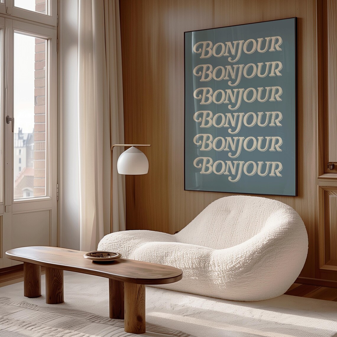 Bonjour French Retro Script Cream Blue Minimalist Typography Poster - Image 3