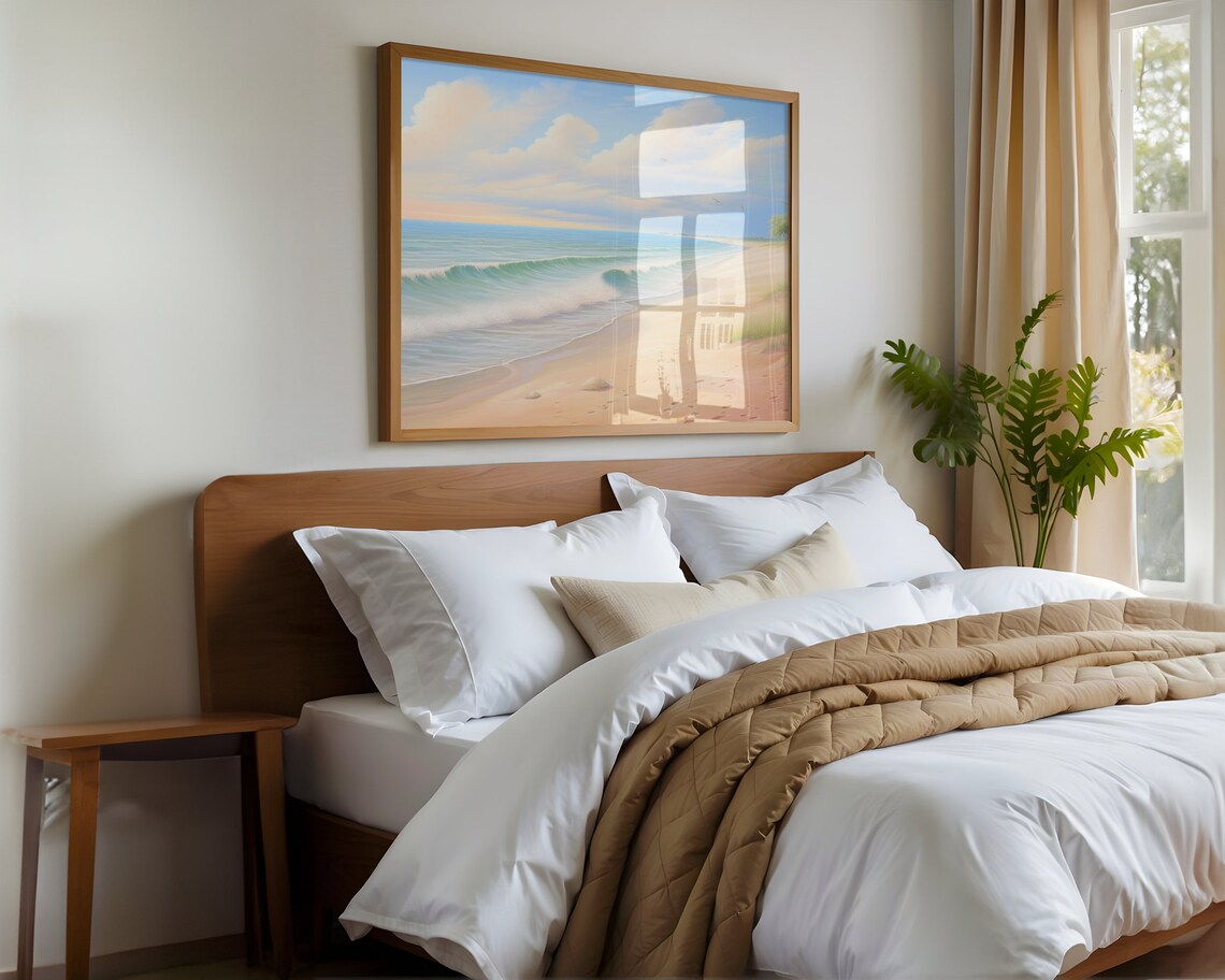 Pastel Beach Waves Sandy Shore Soft Coastal Landscape Calm Wall Art Print - Image 4
