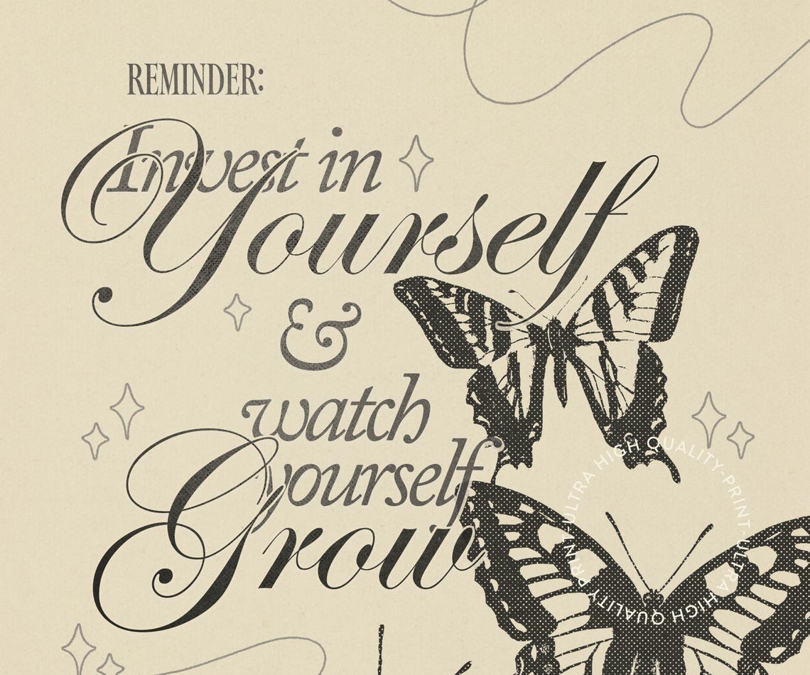 Invest In Yourself And Watch Yourself Grow Girly Apartment Decor Retro Cute Self Love Print Preppy Floral Butterflies Print Positive Art - Image 5