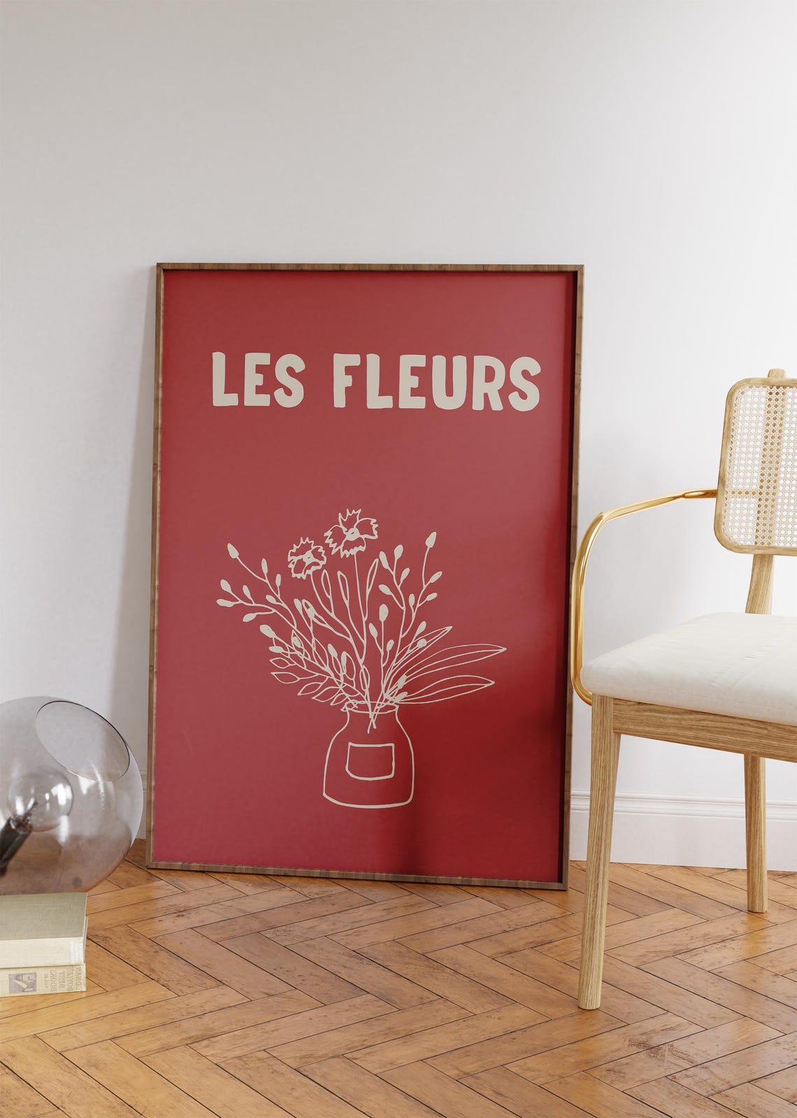 Les Fleurs French Red Botanical Flower Vase Line Art Retro Poster - Image 4