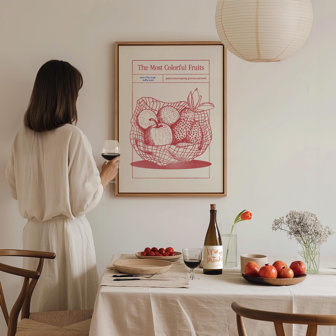 The Most Colorful Fruits Red Kitchen Fruit Basket Line Art Poster - Image 3