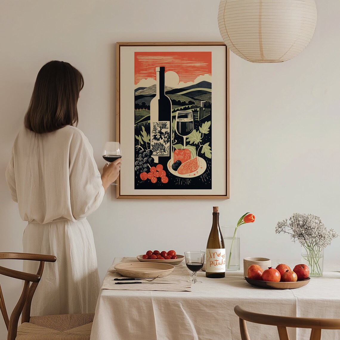 Red Wine Bottle Glass Vineyard Sunset Retro Woodcut Kitchen Wall Art Poster - Image 3
