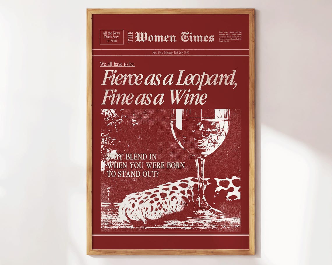 Fierce As A Leopard Fine As A Wine Red Newspaper Quote Wall Print