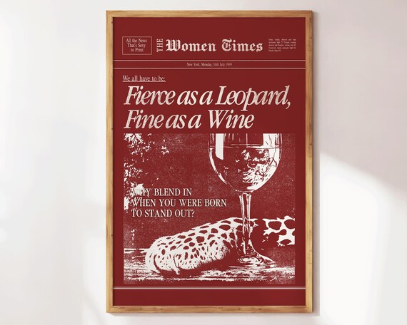 Fierce As A Leopard Fine As A Wine Red Newspaper Quote Wall Print