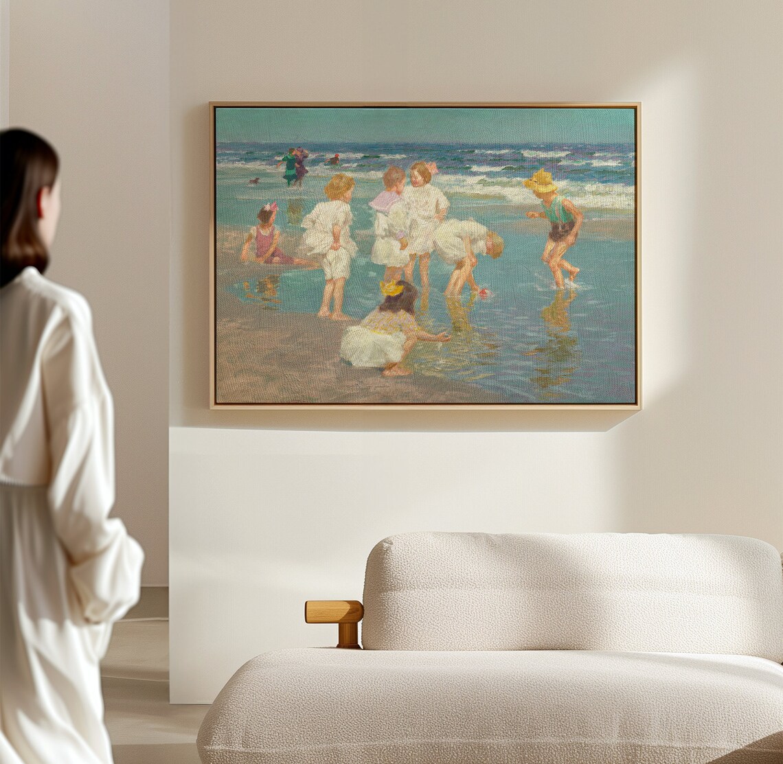 Children Playing Seashore Impressionist Blue Ocean Vintage Beach Art Poster - Image 3