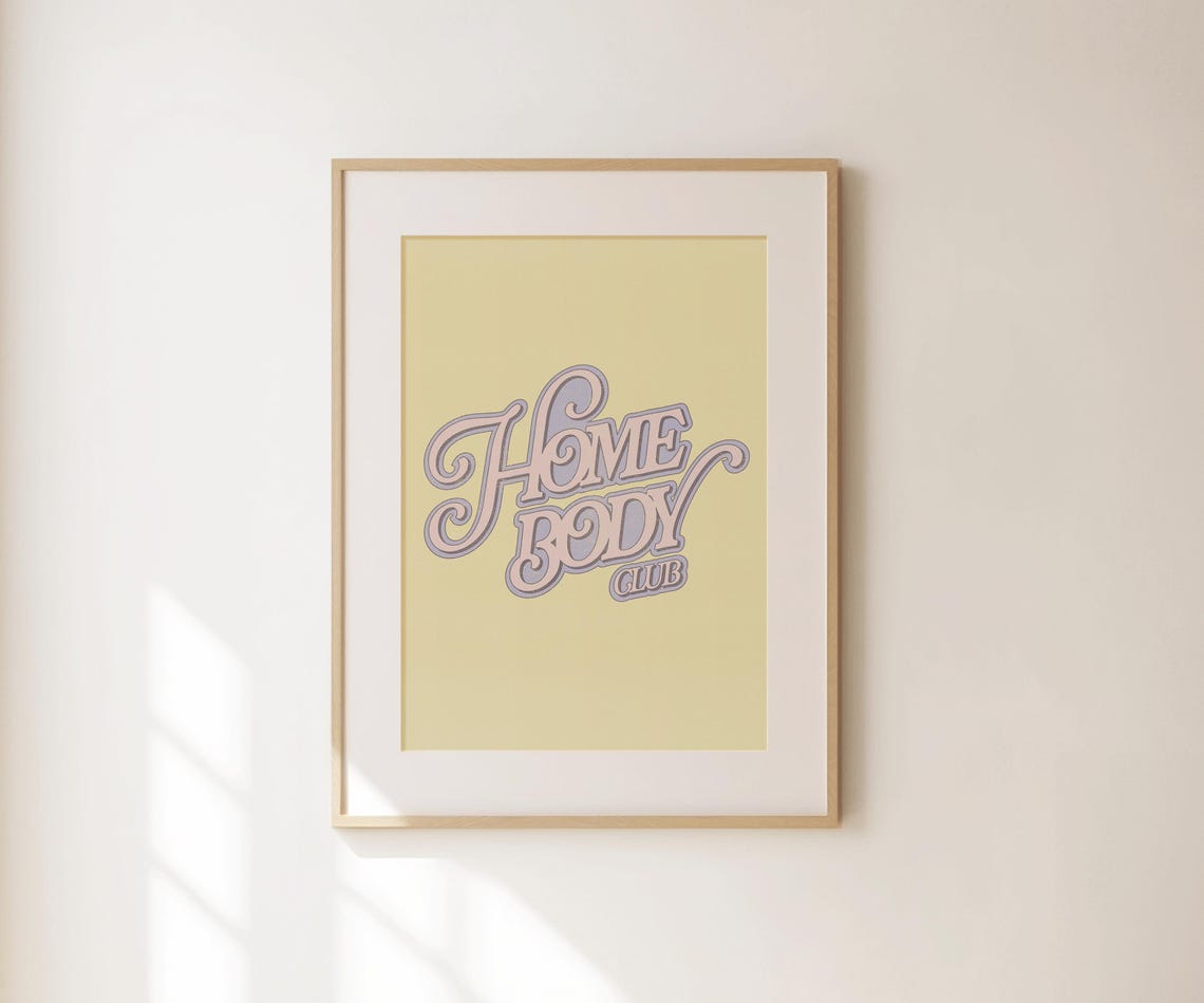 Home Body Club Retro Swirly Peach Script Lettering Yellow Art Poster - Image 3