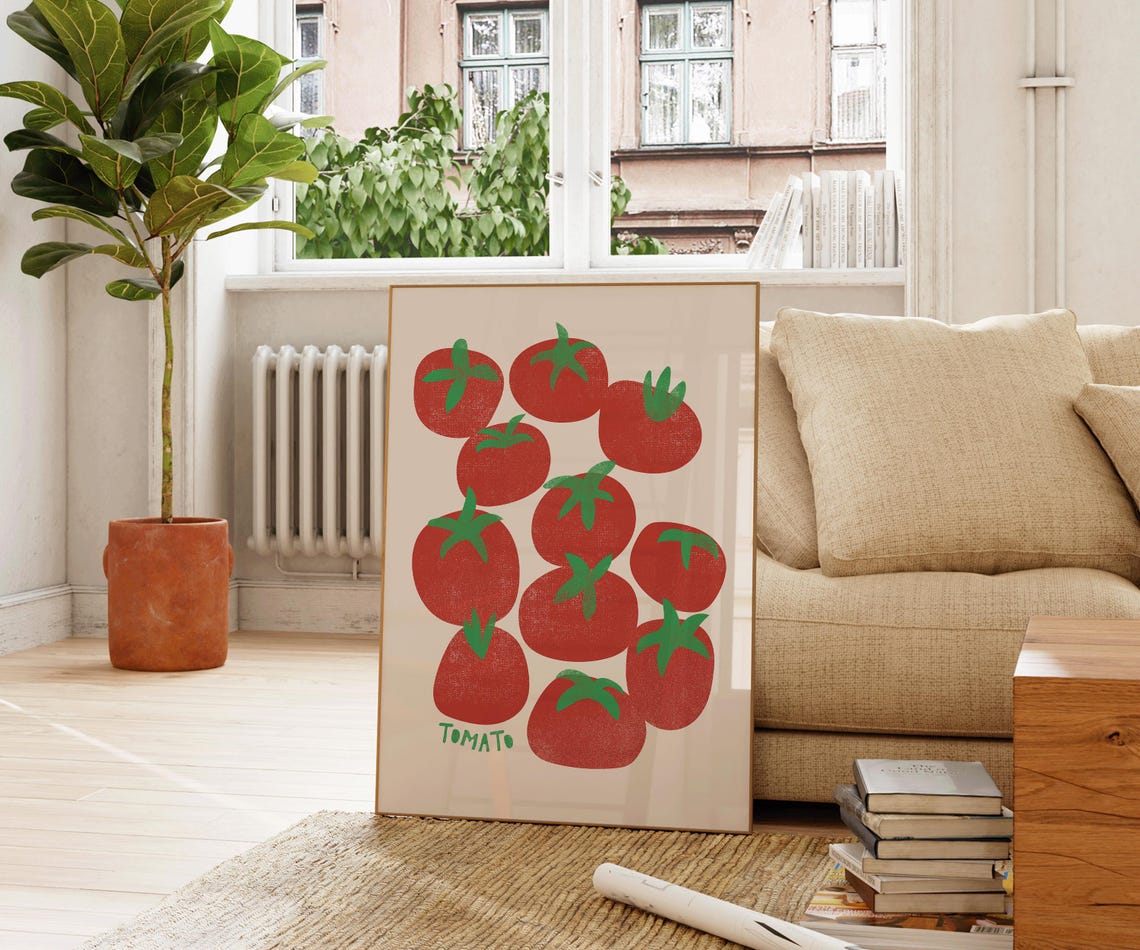 Tomato Retro Fruit Illustration Aesthetic Kitchen Red Pattern Wall Art - Image 3