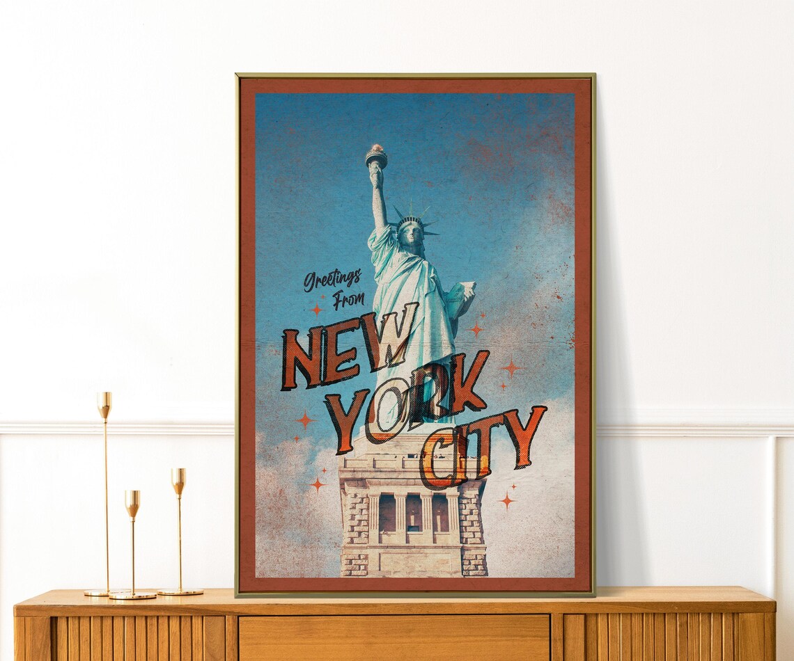 Greetings From New York City Statue of Liberty Vintage Travel Poster - Image 2