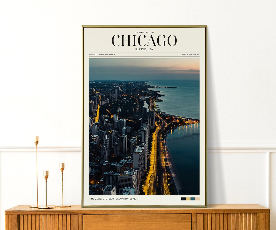 Chicago Illinois Night Coastline Aerial Travel Poster Lakefront Art - Image 2