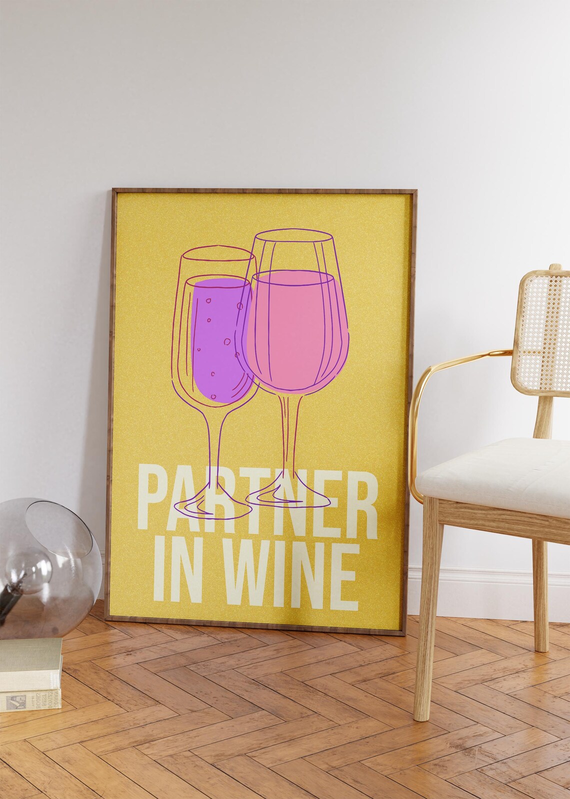 Partner In Wine Yellow Bar Cart Art Funny Wine Glasses Wall Poster - Image 3
