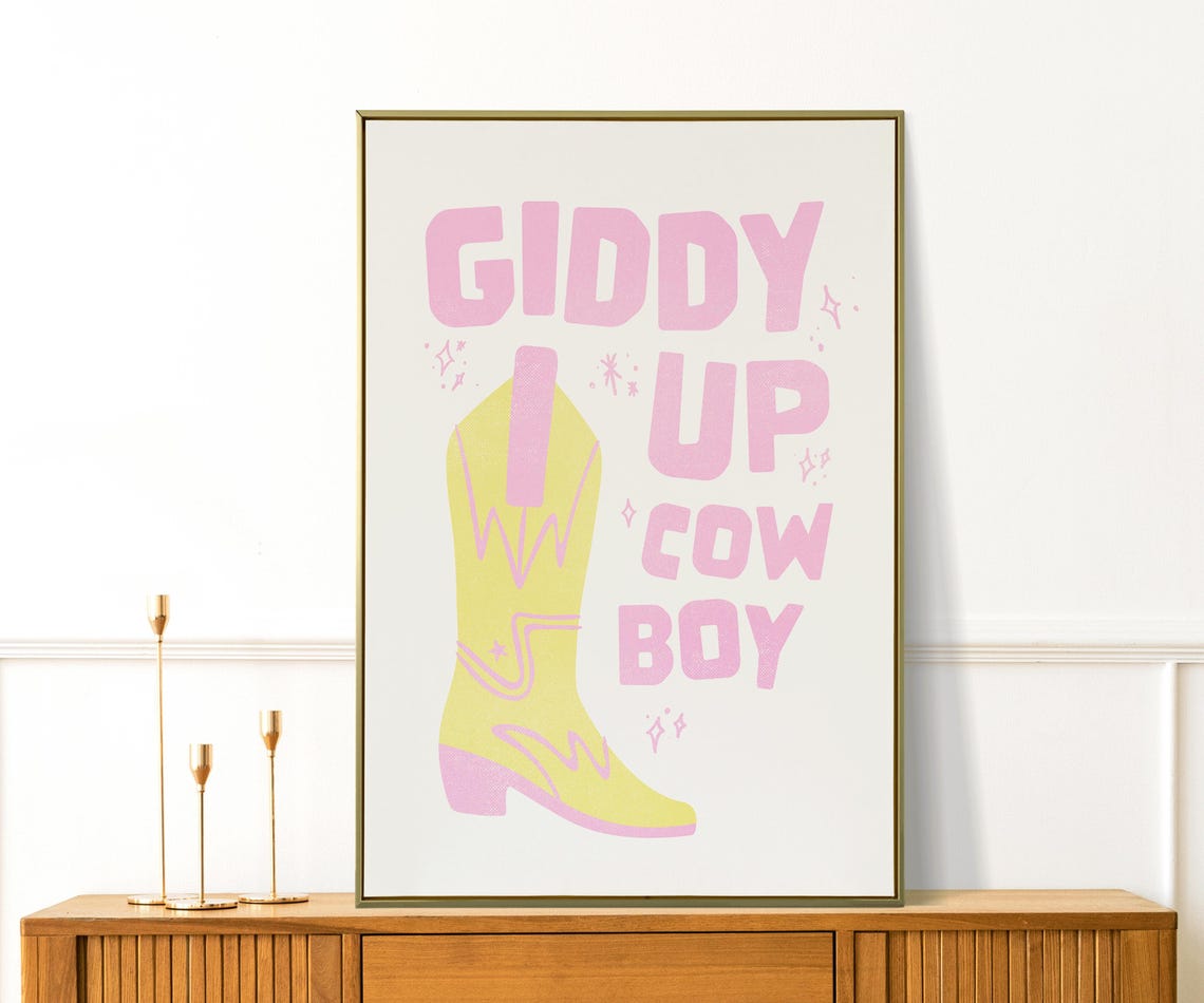 Giddy Up Cowboy Pink Boot Western Retro Typography Quote Poster - Image 3