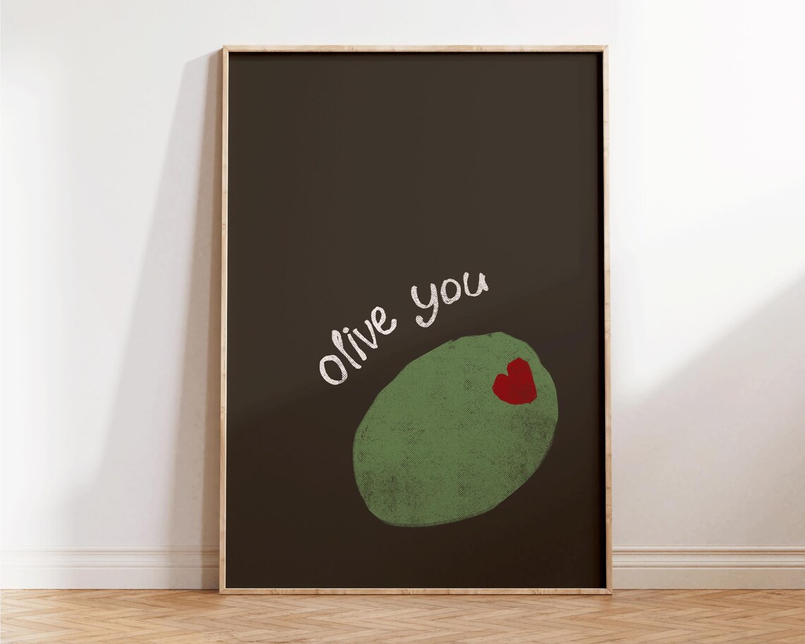 Olive You Funny Quote Wall Art Dark Brown Green Olive Heart Poster - Image 3