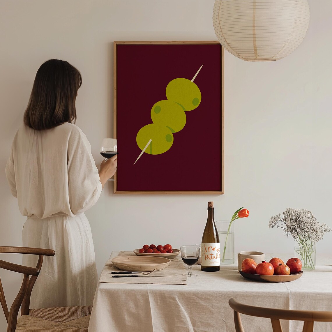 Green Olives Cocktail Skewer Minimalist Burgundy Retro Kitchen Decor Poster - Image 3