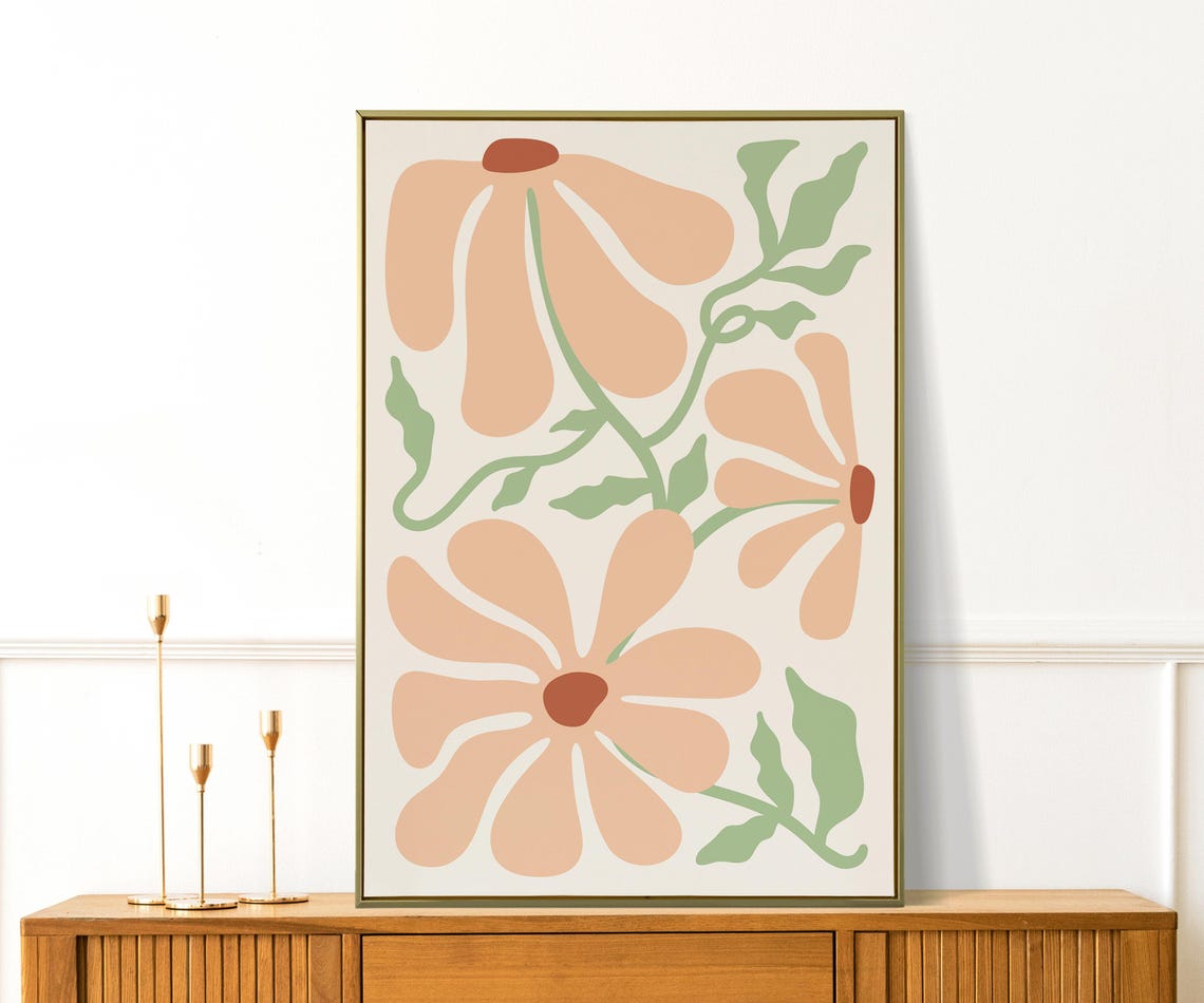 Peach Retro Flowers Cream Background Minimal Botanical Wall Art Print - Image 4
